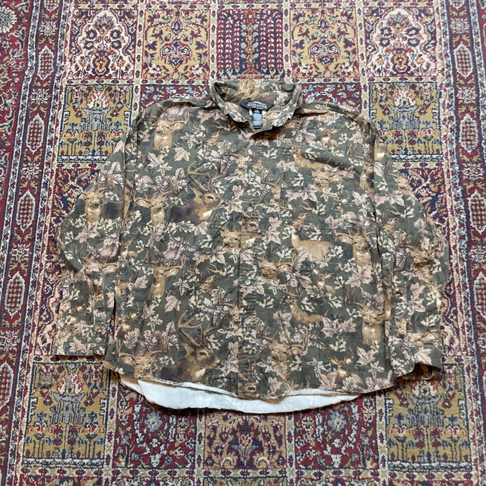 VTG 00s Winchester Deer Camo Long Sleeve Button Down Shirt Large Brown Green